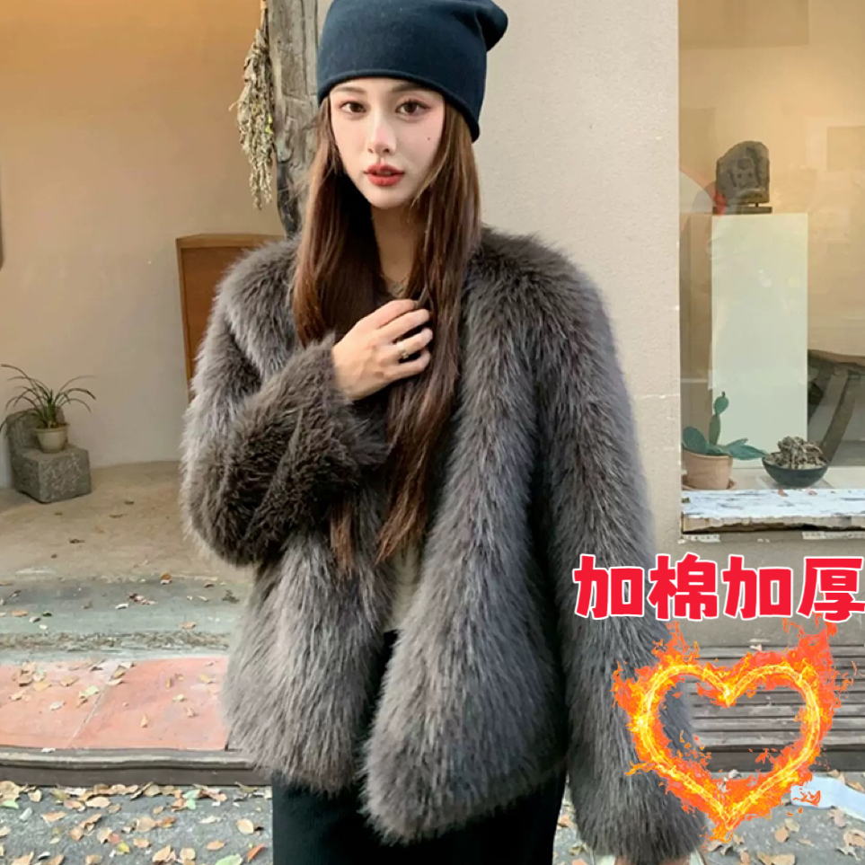清网红高级感摩卡灰棕皮毛外套秋冬季时尚短款百搭加厚一体上衣