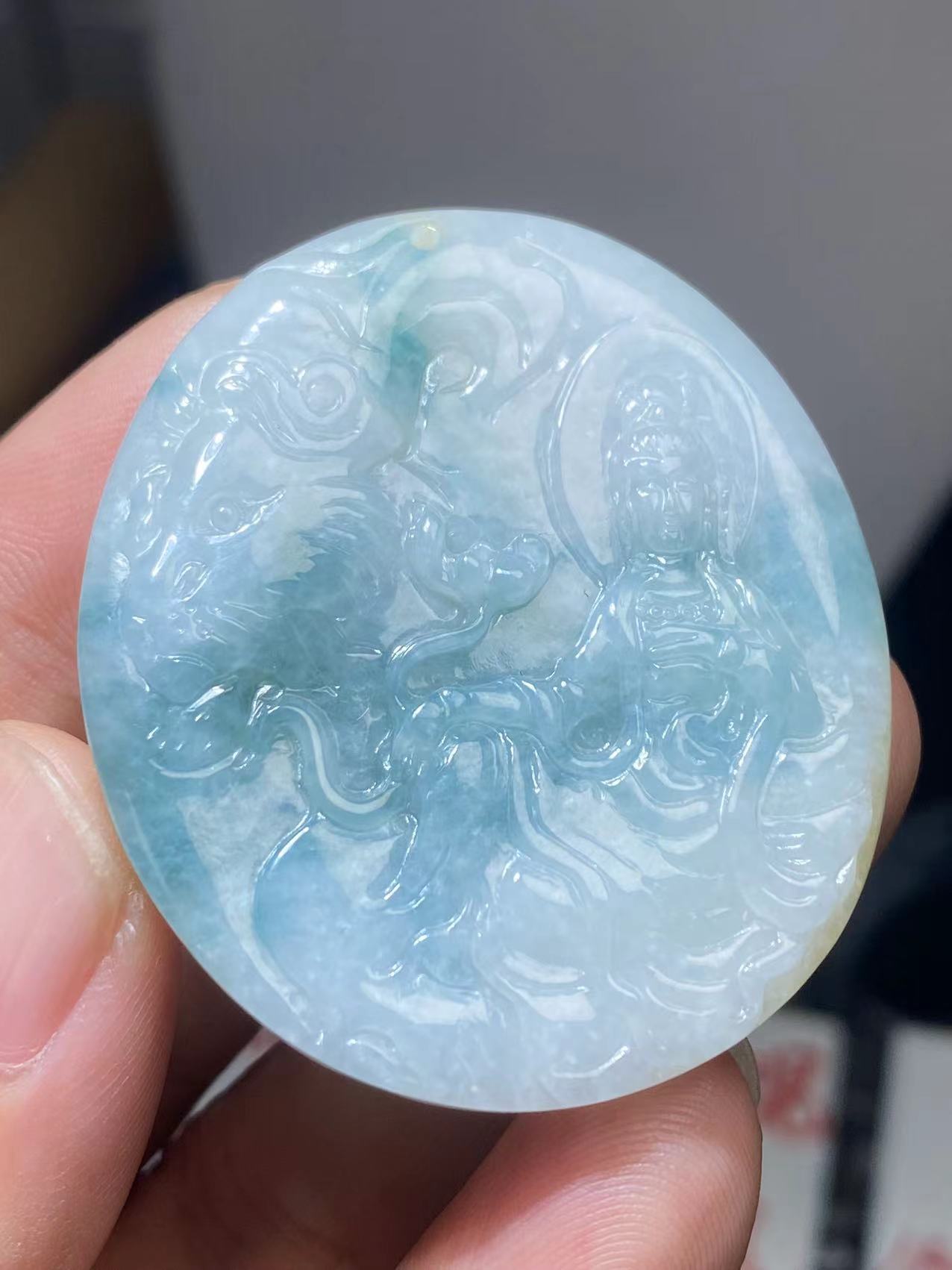 天然翡翠a货文殊守护神吊坠