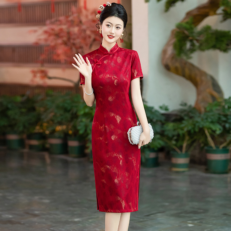 喜婆婆妈妈装红色中国风旗袍修身中式新娘婚宴敬酒礼服连衣裙夏季