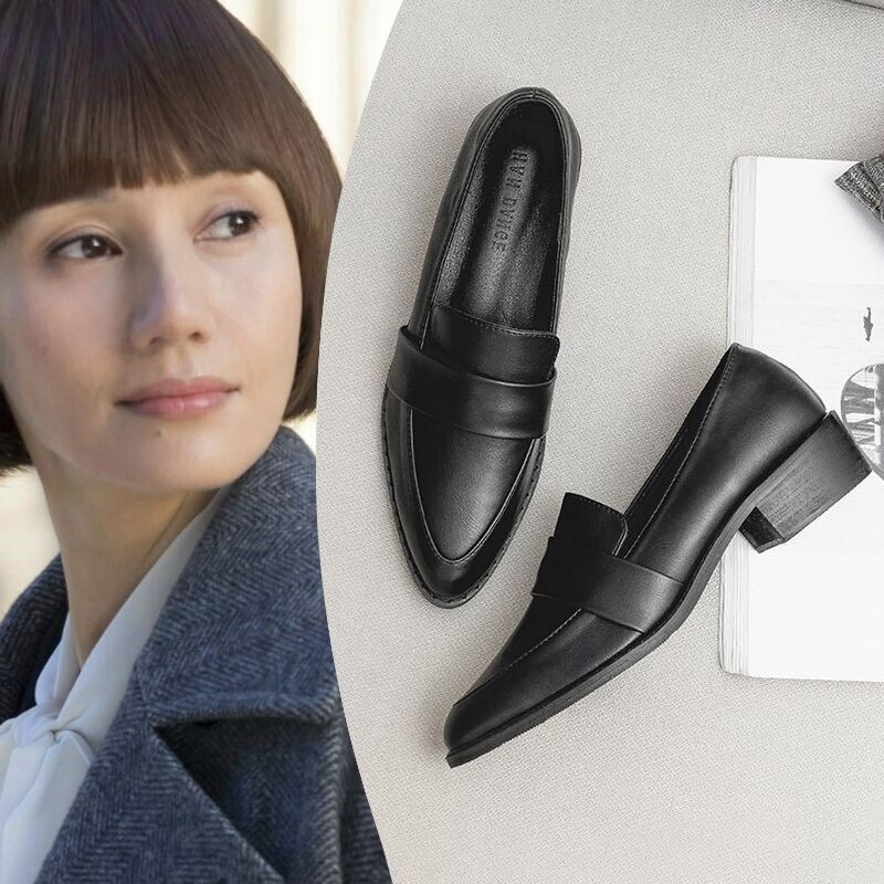 百丽纯爱真皮乐福鞋女2023新款英伦风百搭尖头小皮鞋黑色职业工作