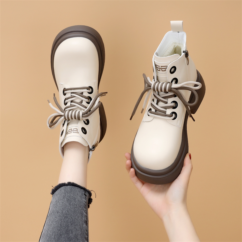 百丽纯爱真皮厚底马丁靴女2023新款冬季加绒英伦风增高低帮炸街短