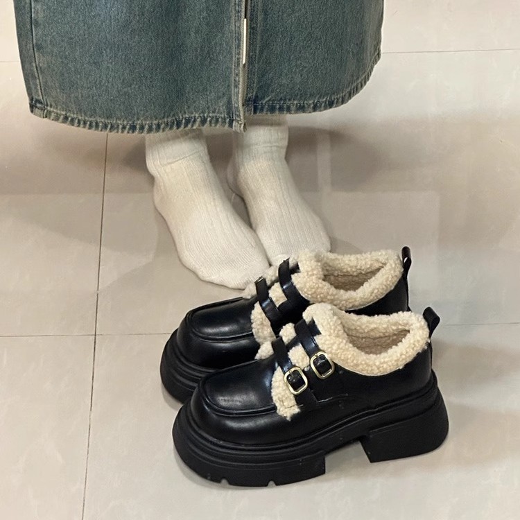 百丽纯爱厚底乐福鞋女鞋加绒2023年新款冬季黑色小皮鞋女软底毛毛