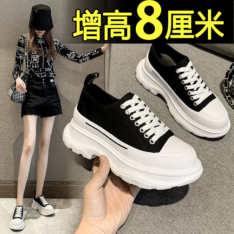 百丽纯爱帆布鞋女2022春季新款松糕厚底增高小白鞋女休闲运动老爹