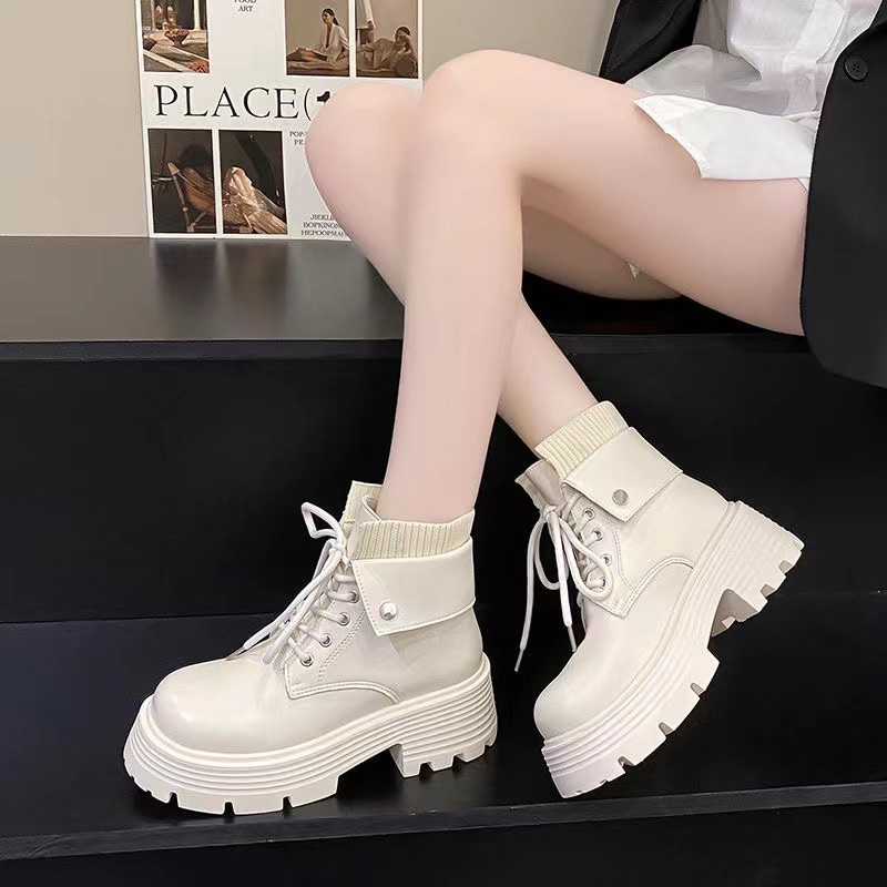 百丽纯爱英伦风马丁靴女2023秋冬新款厚底高级感瘦瘦靴 ins潮炸街