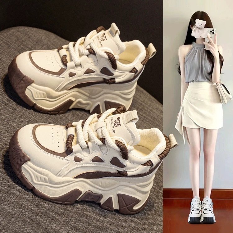 百丽纯爱增高老爹鞋女2023秋冬新款厚底加绒加厚百搭显脚小保暖运