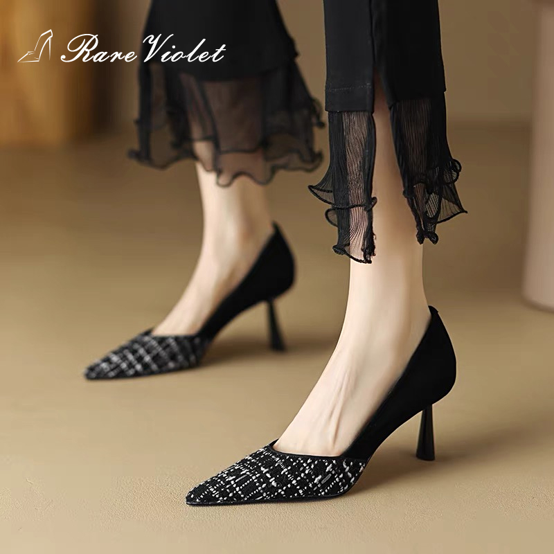 【5.5CM】真皮羊反绒细跟尖头小香风气质时尚百搭黑色职业高跟鞋女