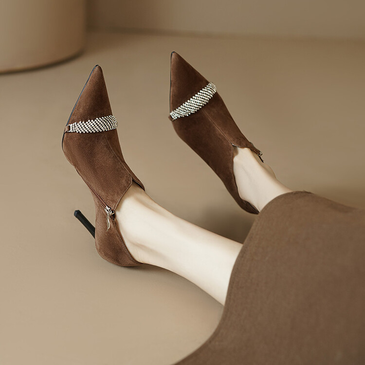 七月家 跟7CM 秋季新款靴经典百搭水钻气质女人味全真皮女鞋