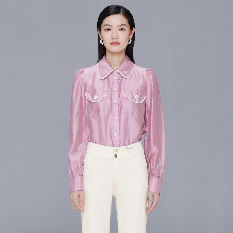 芭蒂娜粉红衬衫2023冬季时尚减龄高级轻奢名媛气质显瘦女621N004