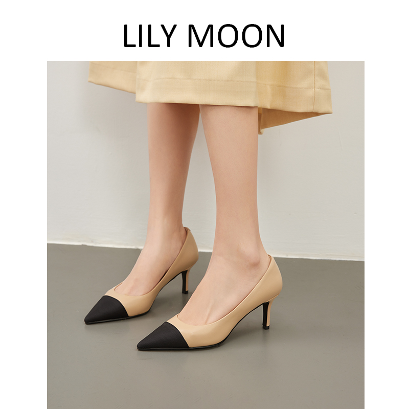 Lilymoon法式小香风真皮撞色中矮跟尖头单鞋浅口高跟鞋气质时尚