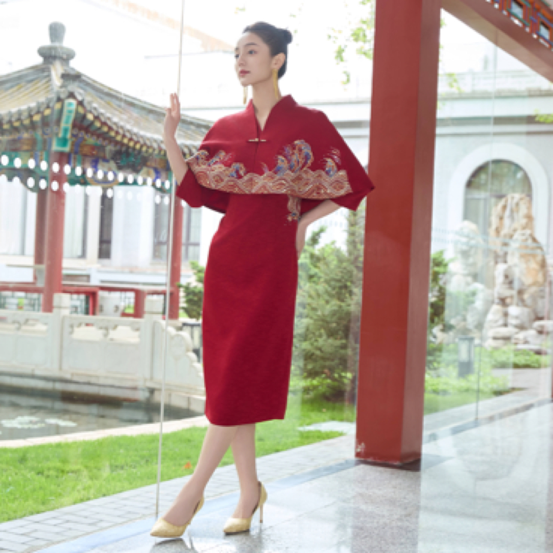 朱紫褕17859酒红色旗袍/28018披肩/V领/喜婆婆喜妈妈/七分袖/