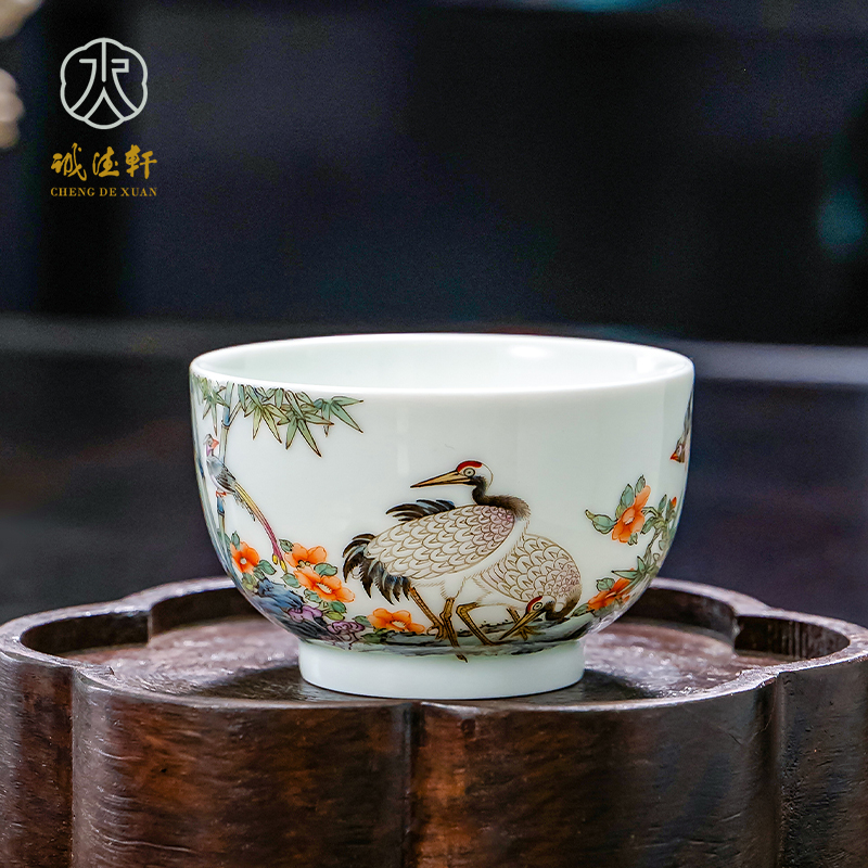 诚德轩陶瓷茶杯 景德镇功夫茶具茶器 花鸟主人杯单杯鹤舞花间缸杯