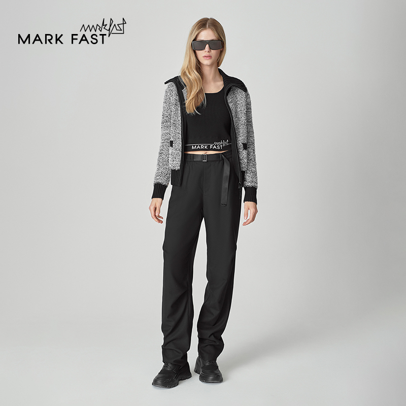 MARKFAST设计师品牌冬季休闲黑灰撞色翻领针织开衫女M1EHW08270