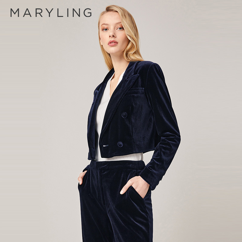 MARYLING玛俪琳秋季时尚短款双排扣深蓝丝绒西装外套A1BFW14100