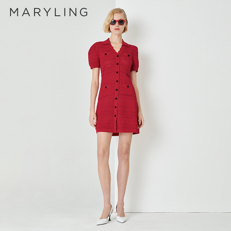 MARYLING玛俪琳夏季新品优雅红色V型小翻领针织连衣裙A1DCW04890