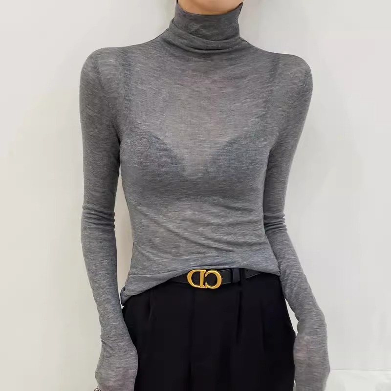 高领打底衫女2025新款秋冬灰色内搭高级感微透修身上衣 堆堆领薄