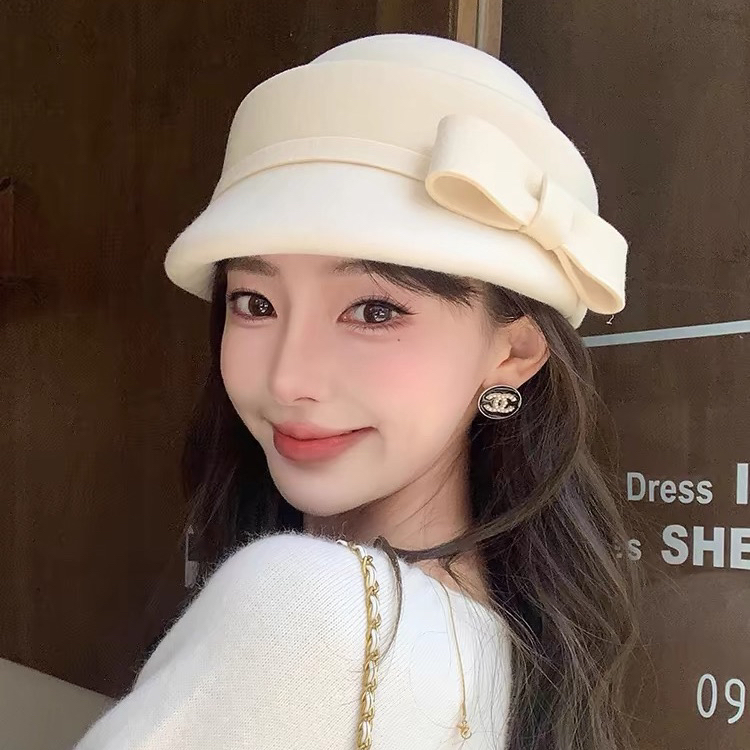 秋冬蝴蝶结羊毛马术帽时尚甜美毛呢鸭舌帽显脸小千金风贝雷帽礼帽