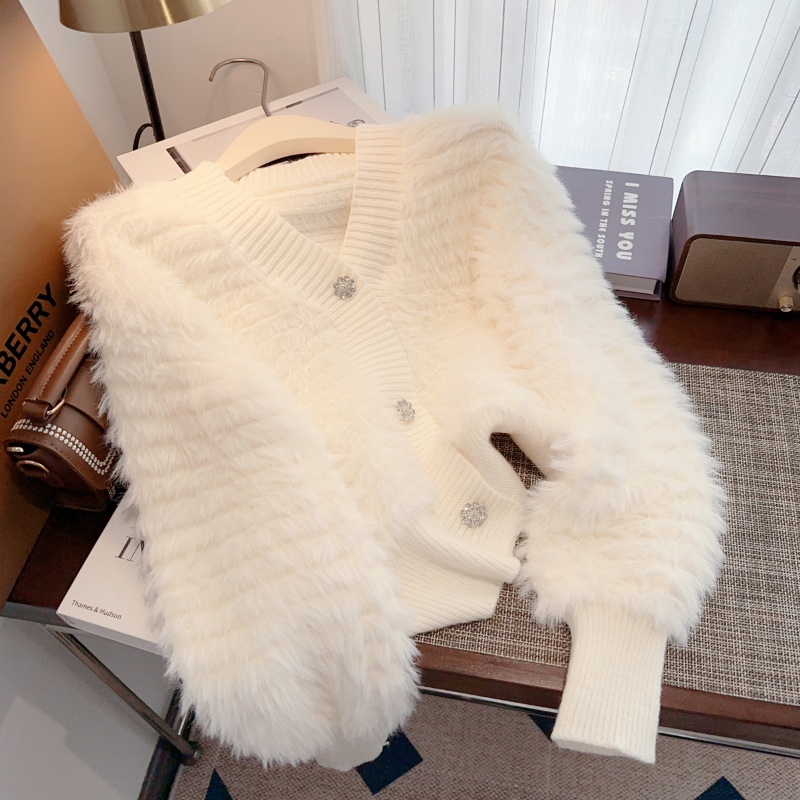  奶fufu水貂绒毛衣外套女秋冬季高级感短款超好看V领针织开衫上衣