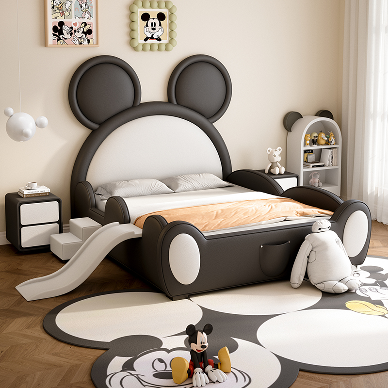儿童床单人床网红黑色米老鼠带护栏拼接床储物女孩公主真皮床卡通