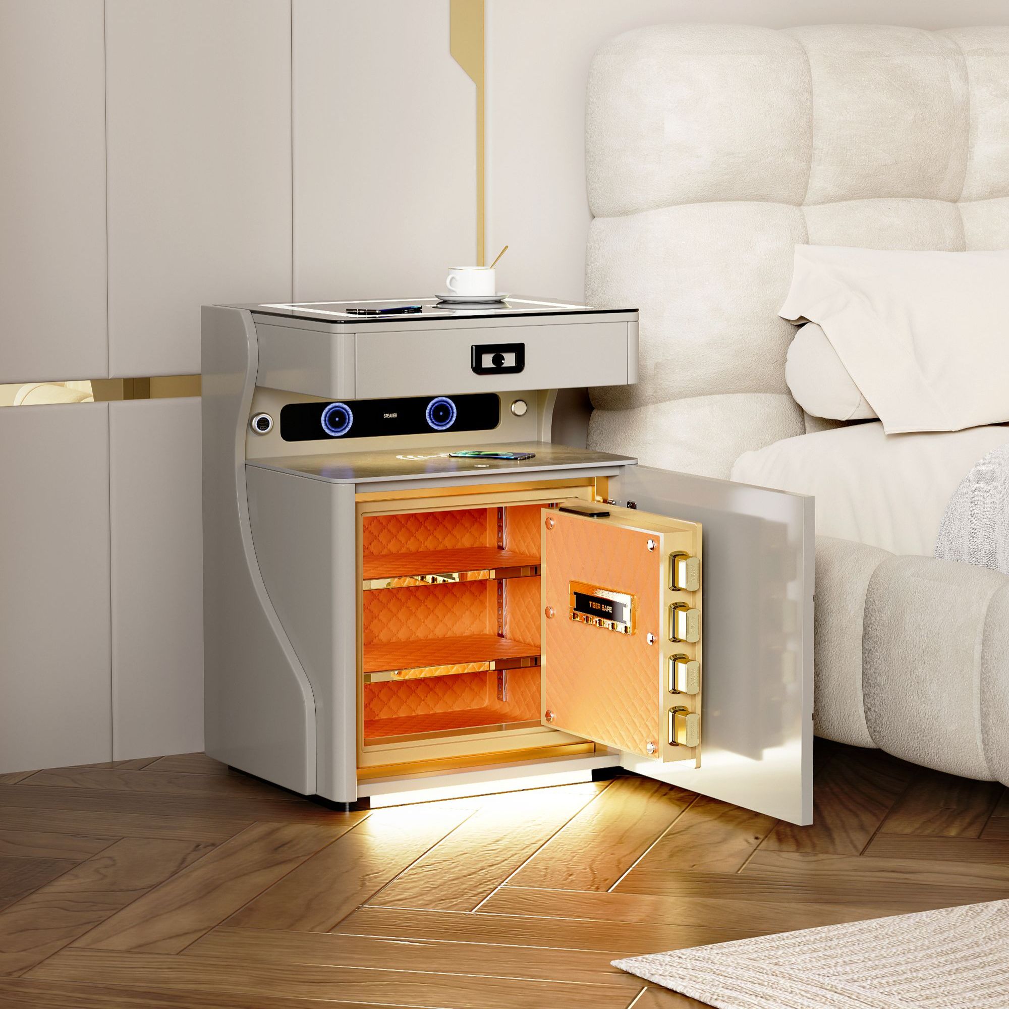 虎牌升级三层大空间4斗柜 智能床头柜保险柜一体蓝牙音响