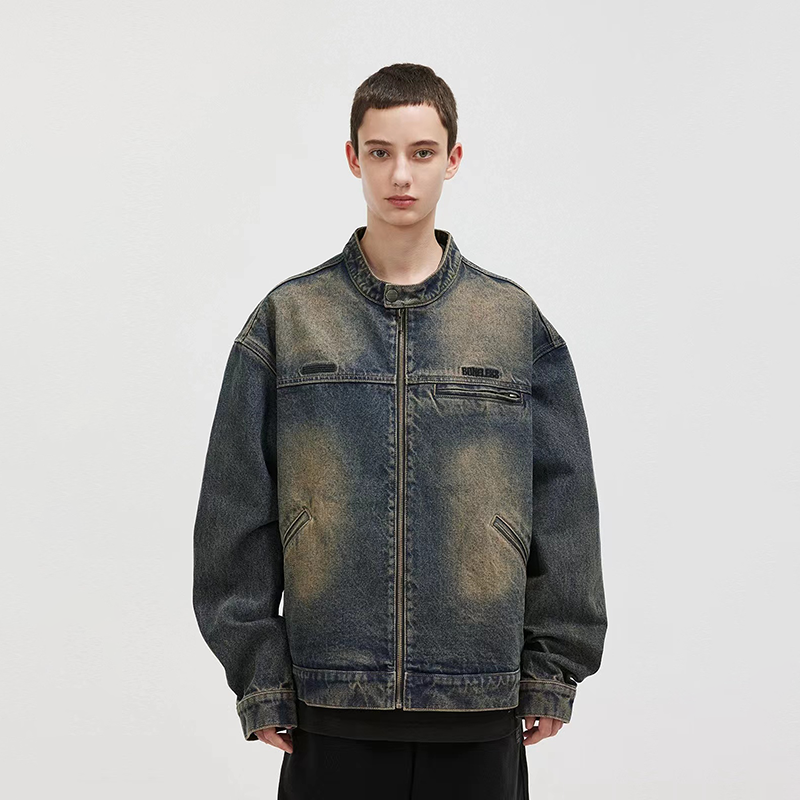 BONELESS刺绣logo做旧洗水牛仔夹克复古废土秋季古银金属扣外套男