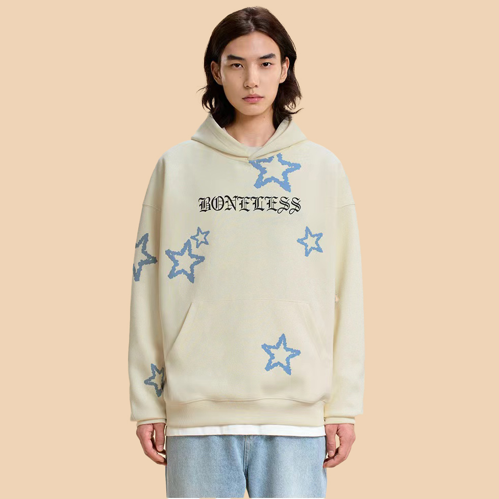 BONELESS星星印花哥特LOGO帽衫宽松潮牌连帽卫衣肌理撞色秋季上衣