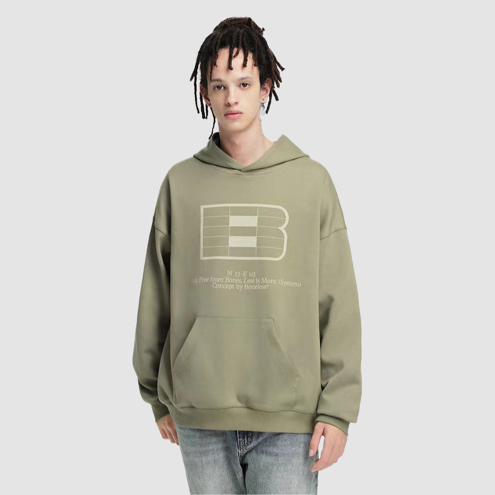 BONELESS网格B图案帽衫潮牌美式连帽卫衣新潮男装