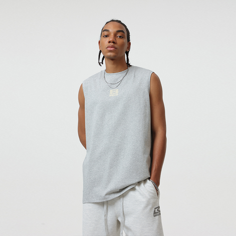 BONELESS发泡擦绒logo背心夏季潮牌简约纯色宽松运动无袖T恤