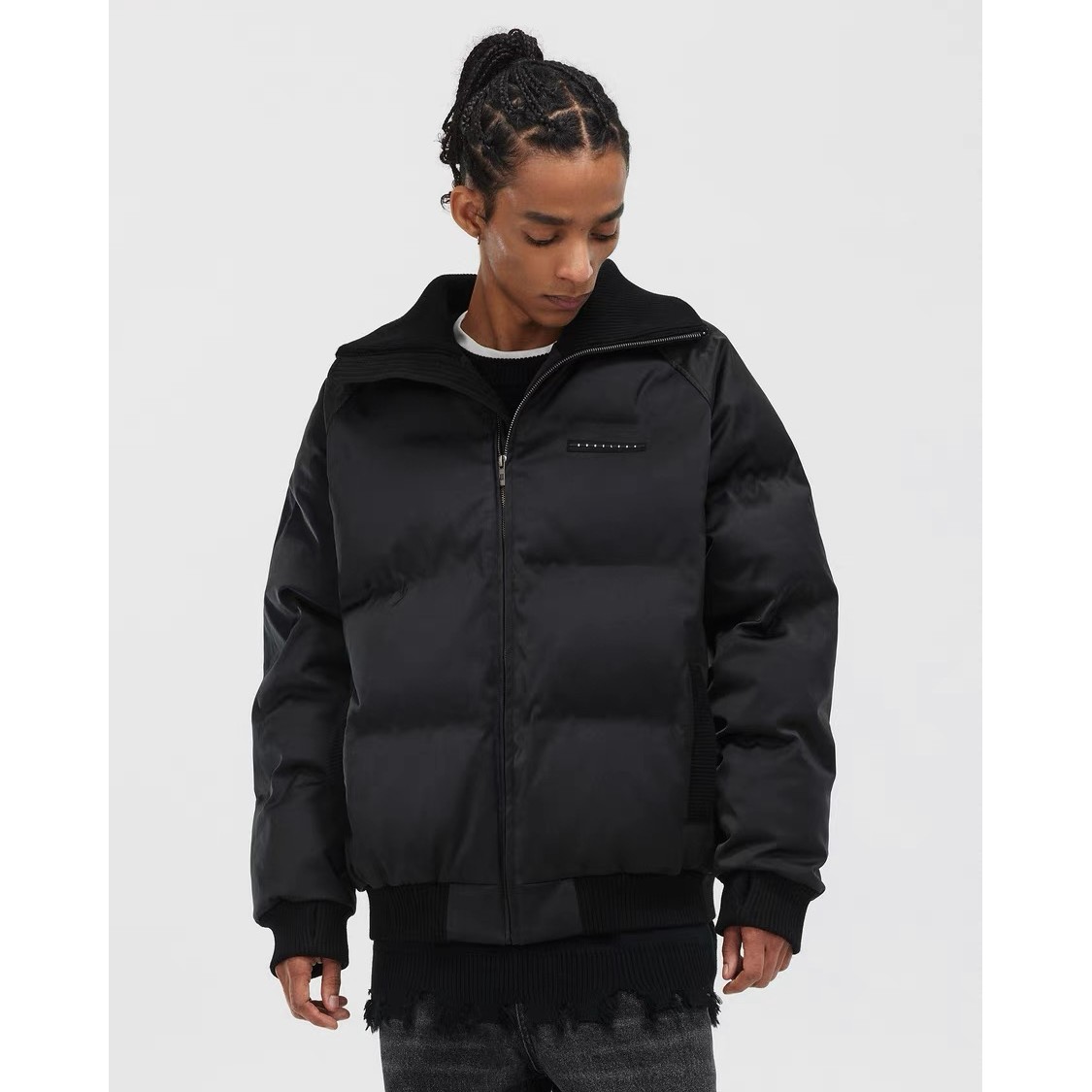 BONELESS螺纹拼接短款压印翻领棉服高街冬季高领外套保暖面包服