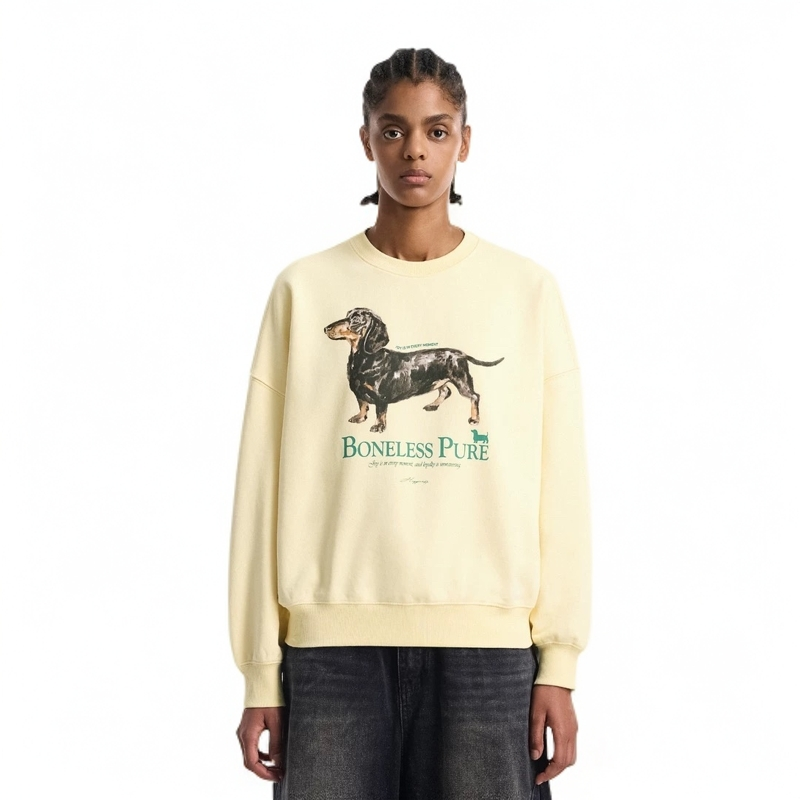 BONELESS圆领薄款小狗印花卫衣宽松休闲套头打底衫百搭设计感上衣