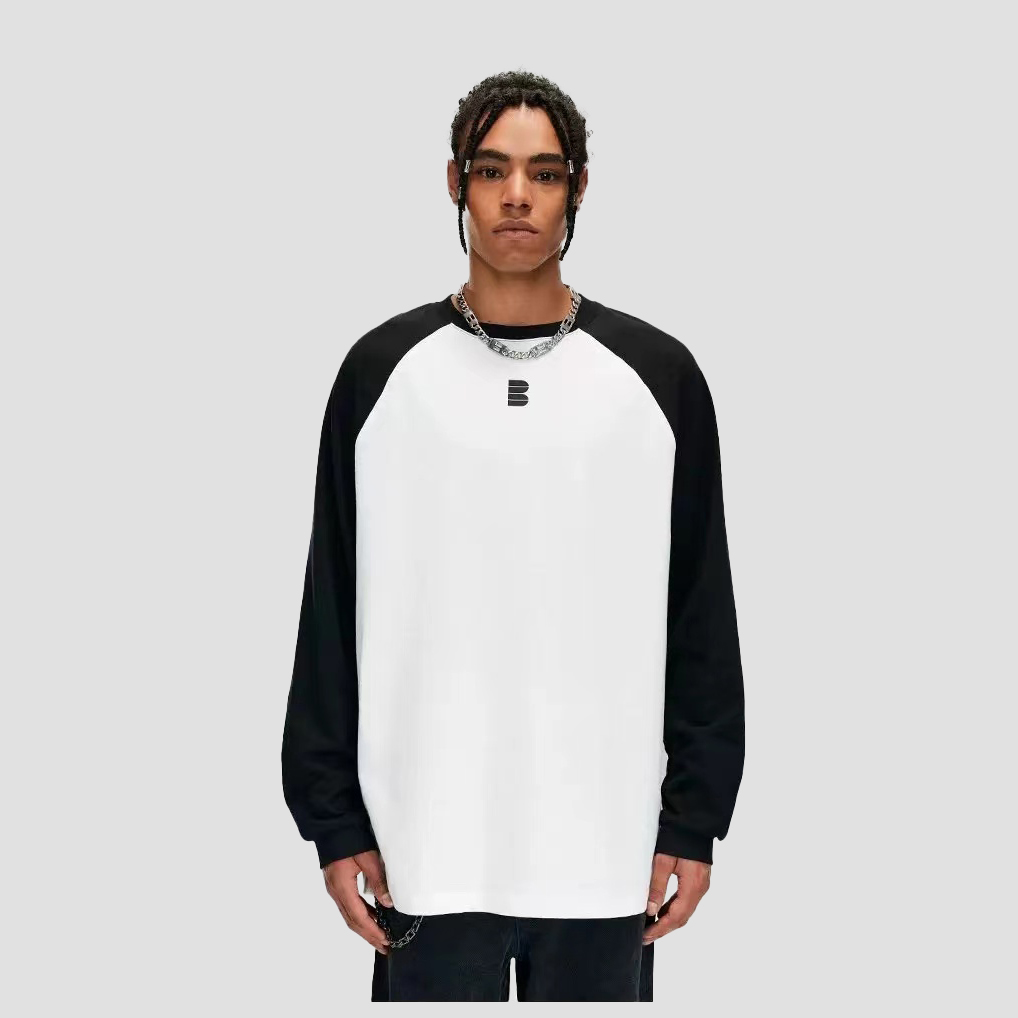 【无语不方】网格B字印花撞色插肩袖T恤百搭纯棉宽松基础长袖上衣