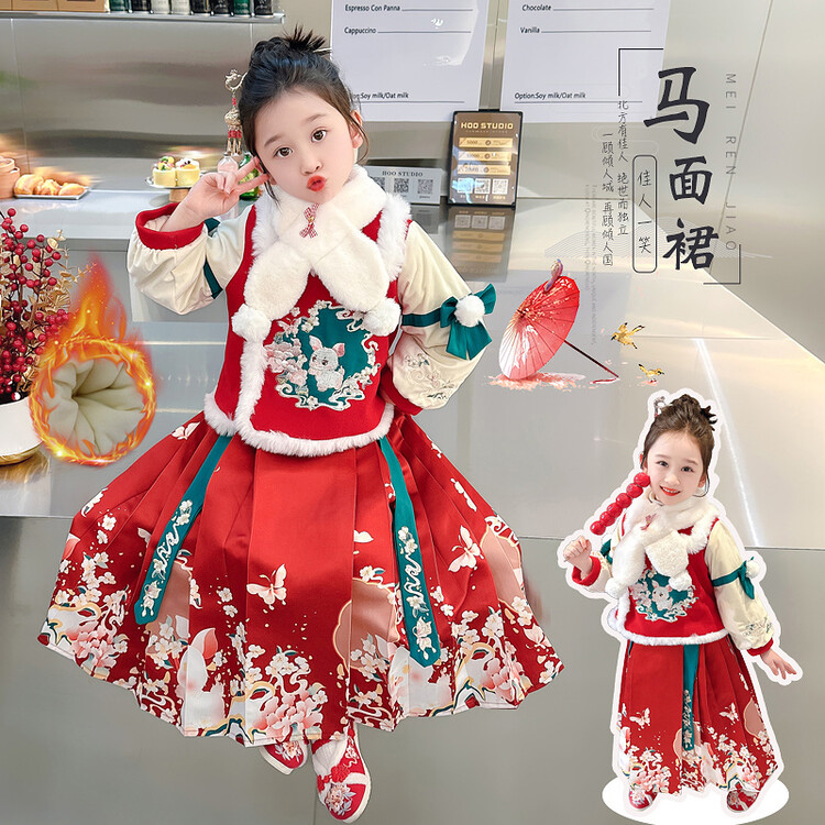 女童汉服拜年服秋冬新款2023女宝宝唐装中国风加绒冬季儿童过年装
