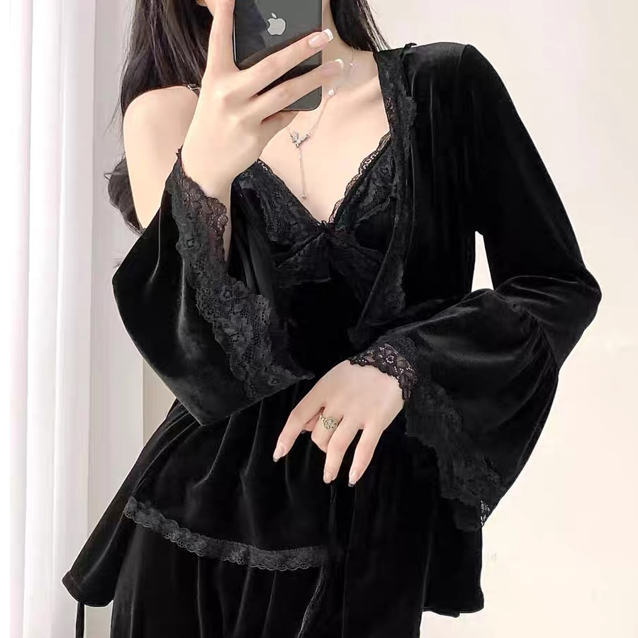 【露丝同款】金丝绒睡衣女性感纯欲秋冬新款长袖吊带家居服三件套