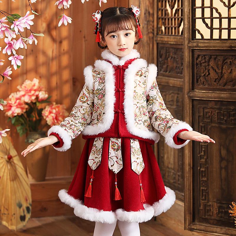 汉服女童冬装新年衣服儿童中国风童装加厚唐装女孩过年拜年服冬季