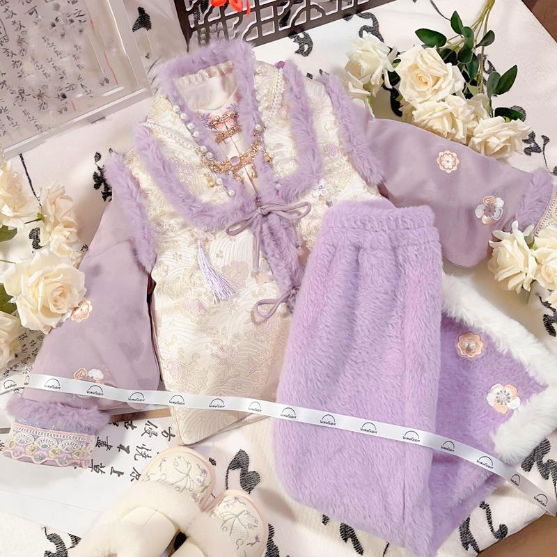新中式女童汉服套装秋冬季小女孩夹棉保暖唐装棉服上衣加绒马面裙