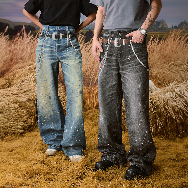 【毛不易同款】YADcrew亚德鲁 链条打印仿泼墨洗脏牛仔裤潮休闲长裤
