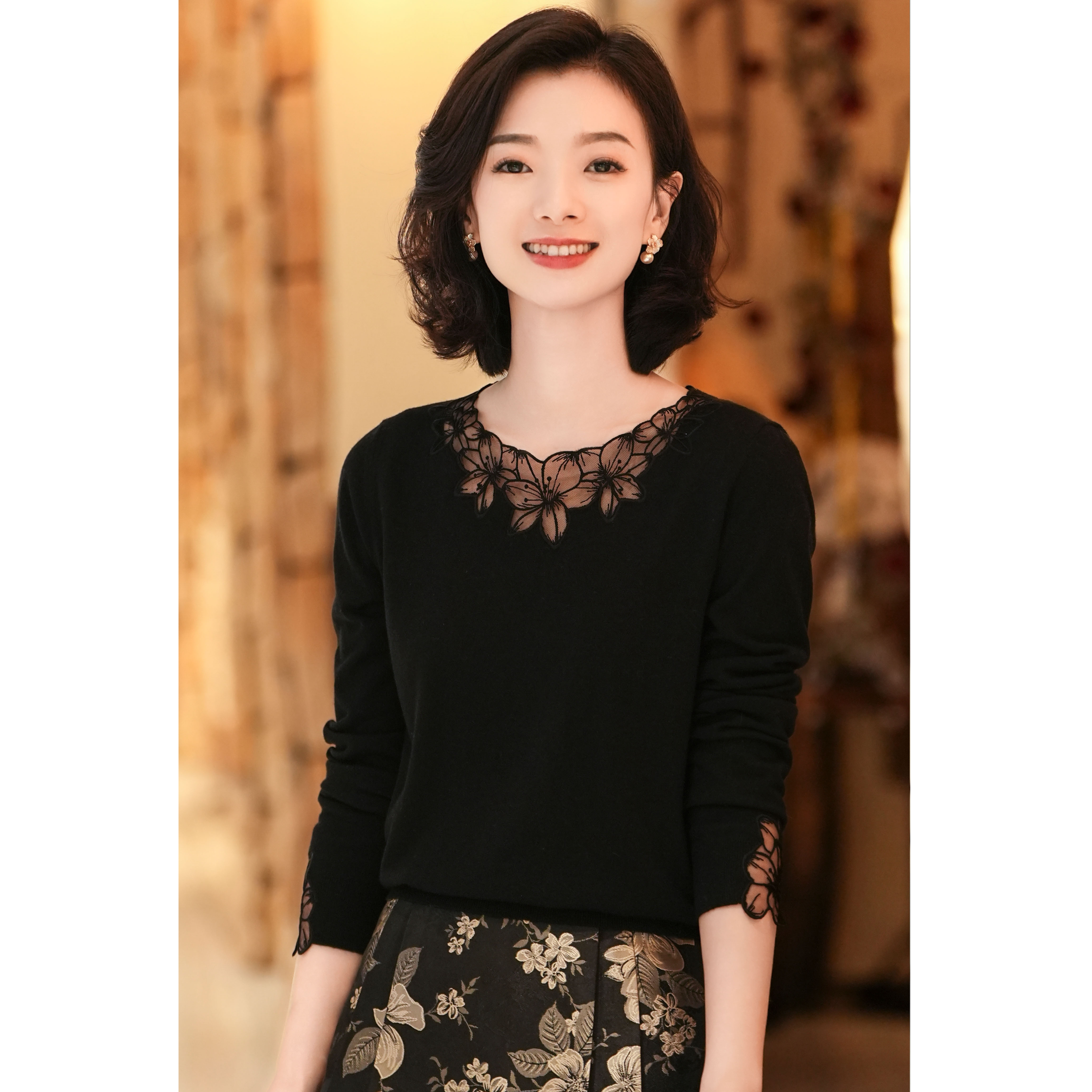 西子/【冬日夏花】绵羊毛镂空花朵针织毛衣上衣/MSBH681