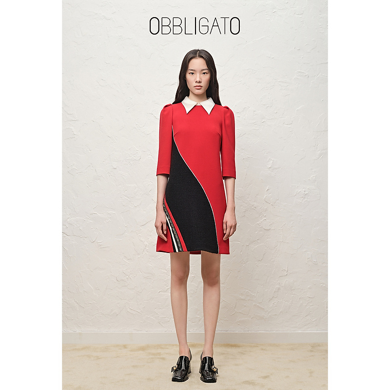 OBBLIGATO奥丽嘉朵22年冬季1C32505240拼色翻领绵羊毛连衣裙