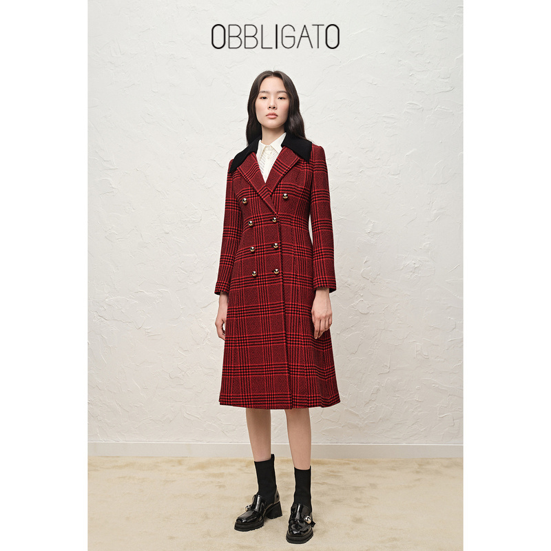 OBBLIGATO奥丽嘉朵冬季1C32580010双色领千鸟格翻领绵羊毛大衣