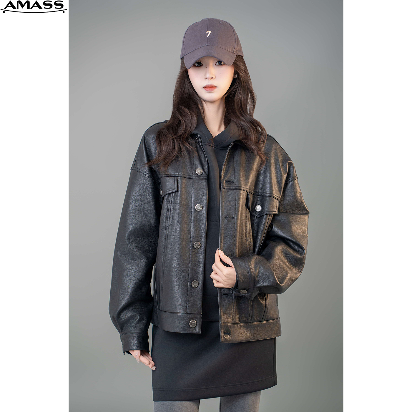 AMASS/阿玛施早秋穿搭休闲外套经典翻领复古重工黑色皮衣 5400826