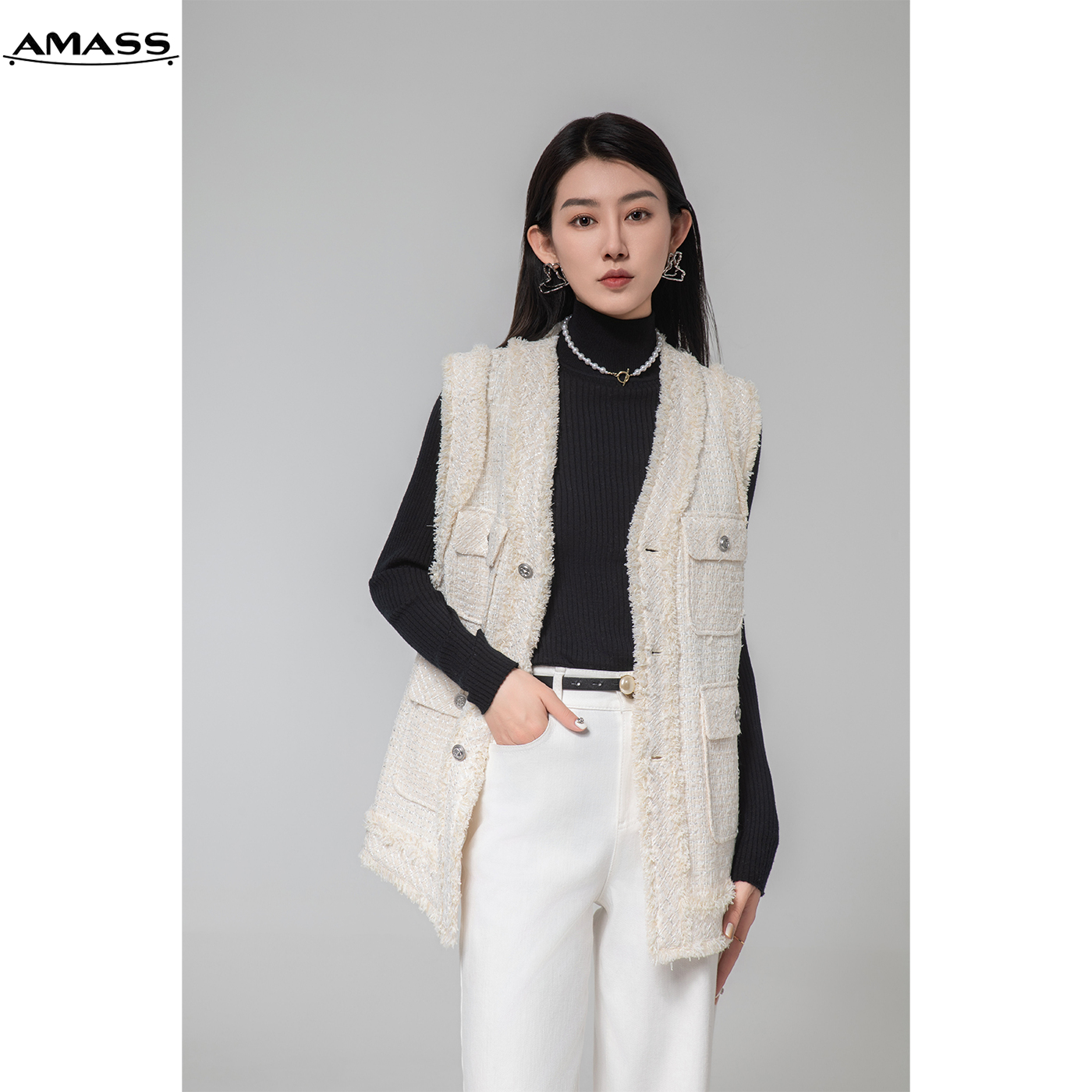 AMASS/阿玛施秋冬气质温柔小香风单排扣通勤女士马甲外套 5400310