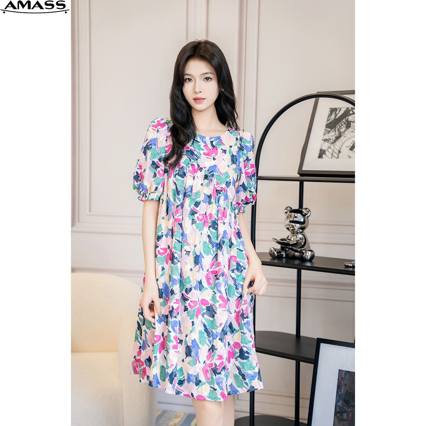 AMASS/阿玛施夏季质感百搭圆领泡泡袖收腰减龄A字连衣裙女5500388