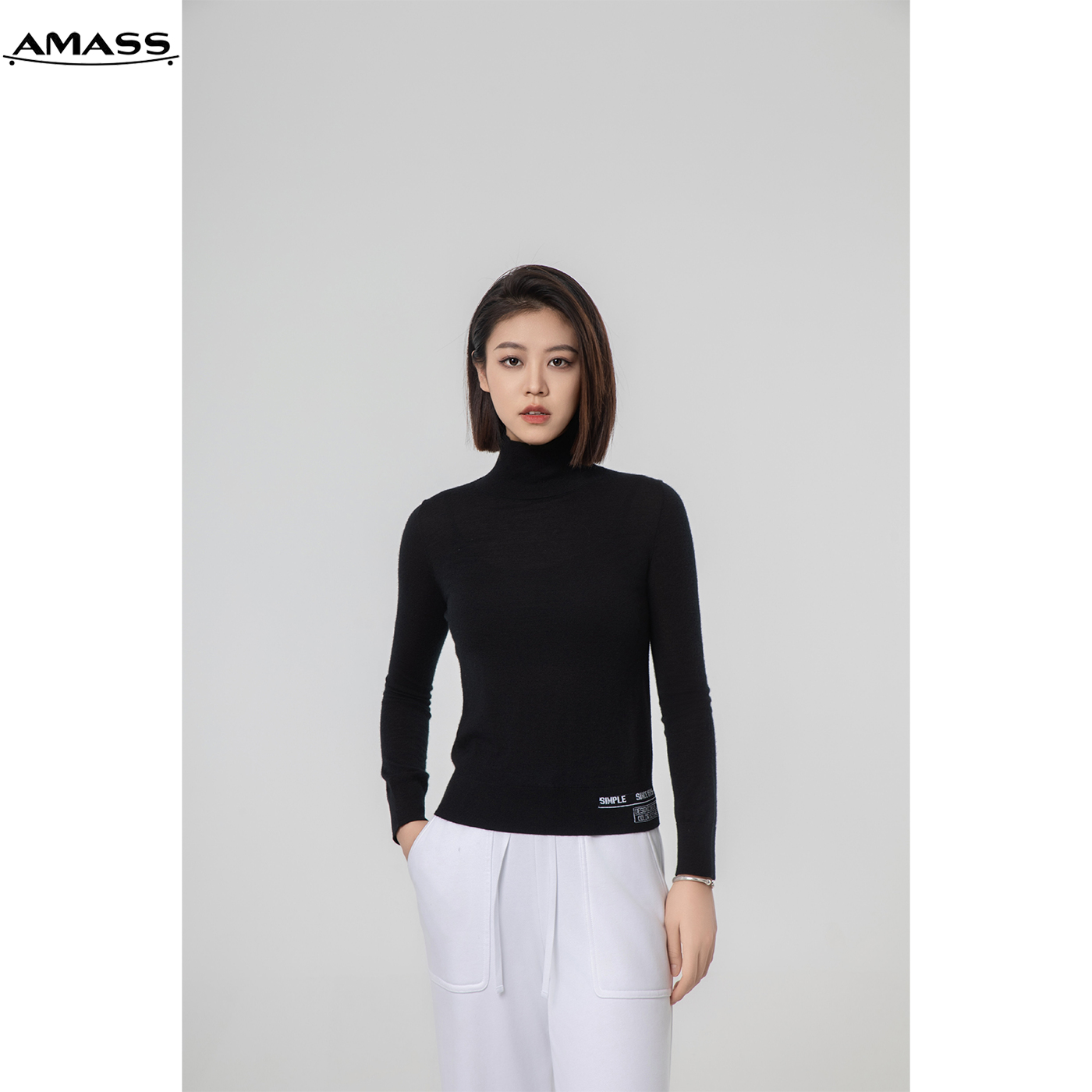 AMASS/阿玛施秋冬新款百搭字母logo烟管领黑色高领毛衣女 5399534