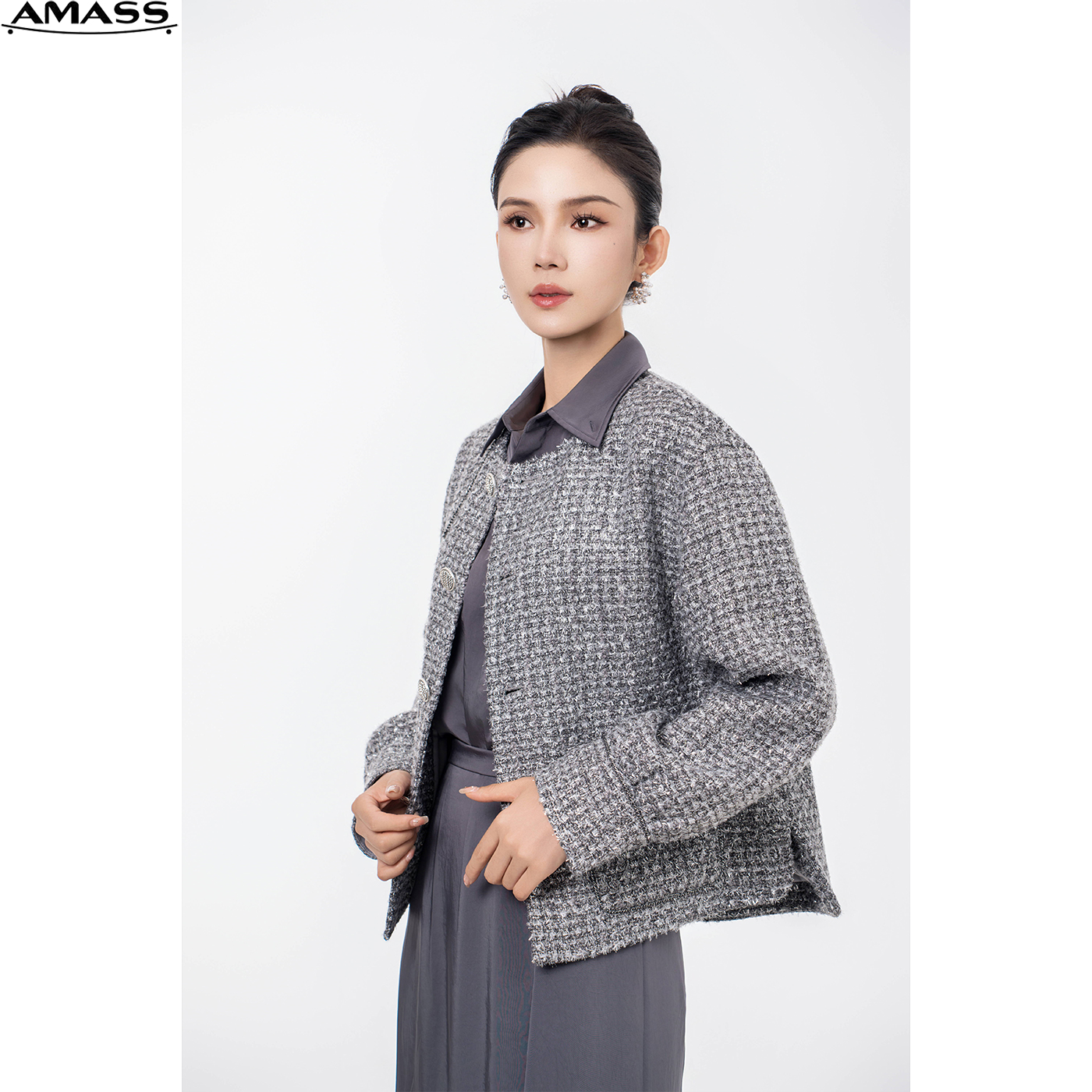 AMASS/阿玛施早秋新款轻奢小香风复古外套女时尚格纹百搭 5400912