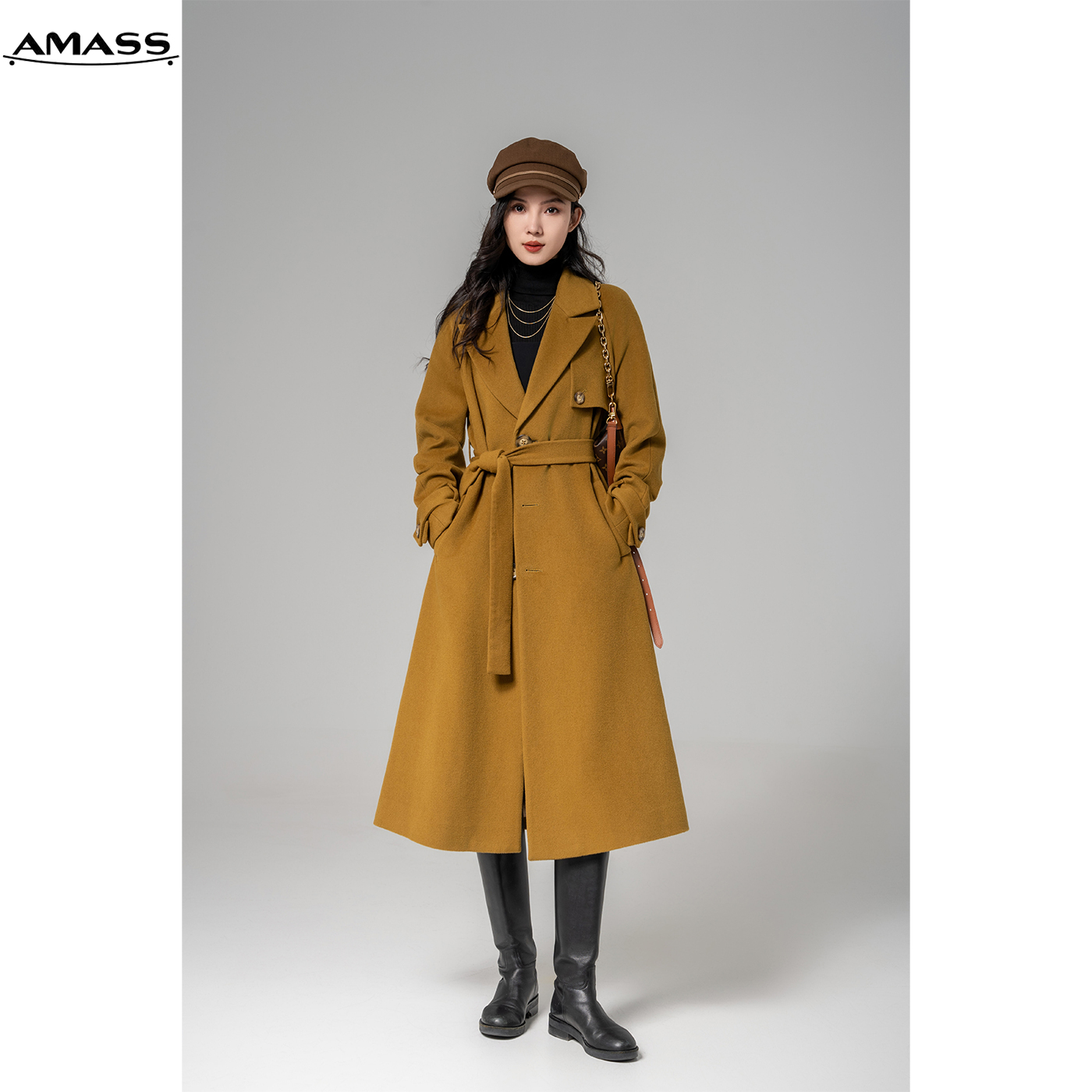 AMASS/阿玛施秋冬气质双排扣附腰带宽松中长款双面呢大衣5400699