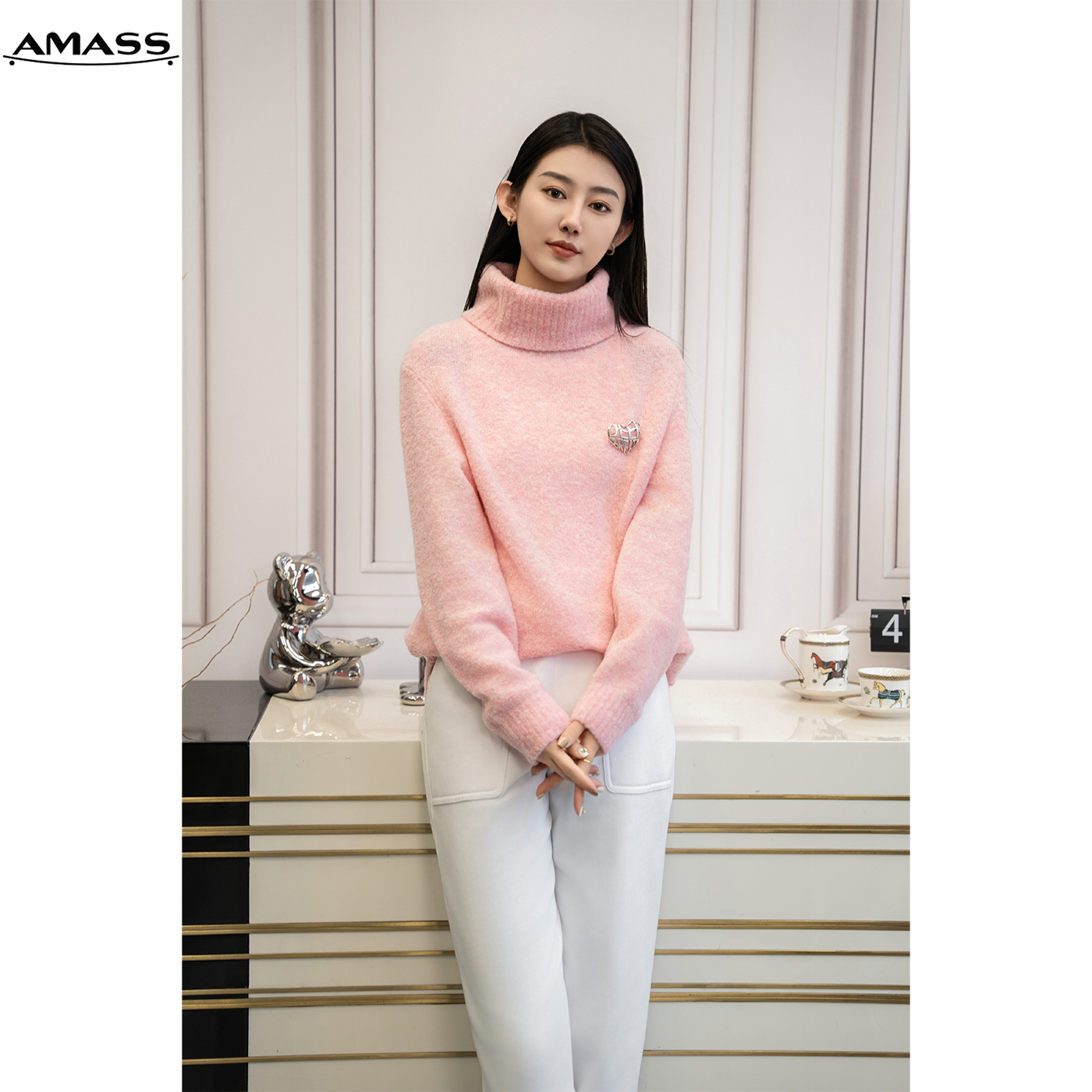 AMASS/阿玛施新款秋冬时尚慵懒高领百搭宽松纯色针织毛衣 5399740