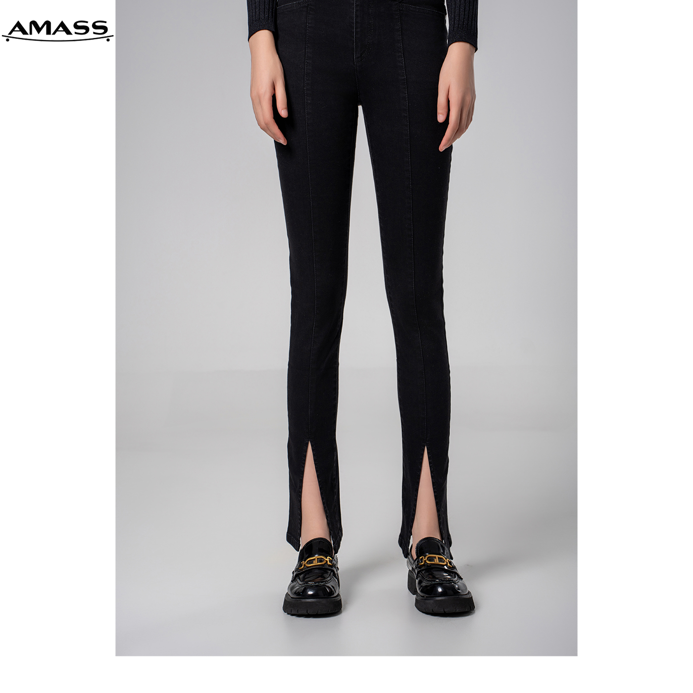 AMASS/阿玛施时尚高腰修身显瘦紧身两粒扣剪刀牛仔长裤 5100378