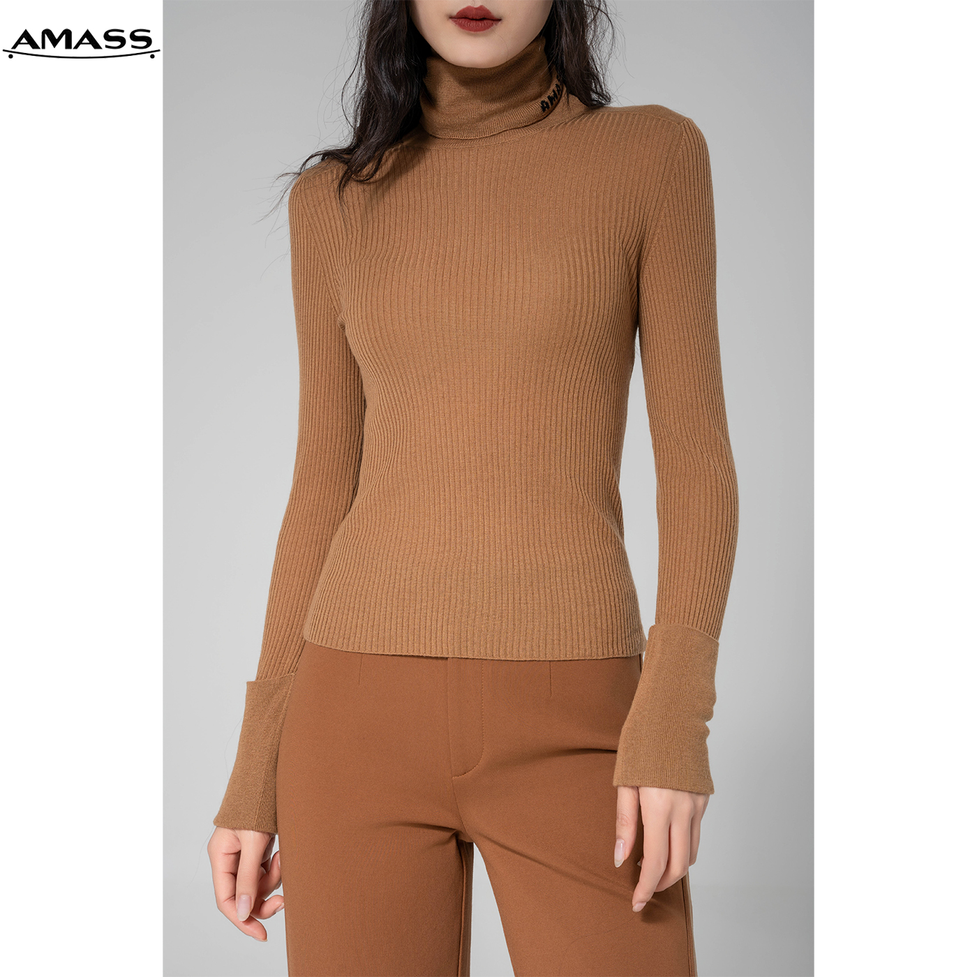 AMASS/阿玛施秋冬新款热力感修身堆堆领长袖针织打底衫女 5399663