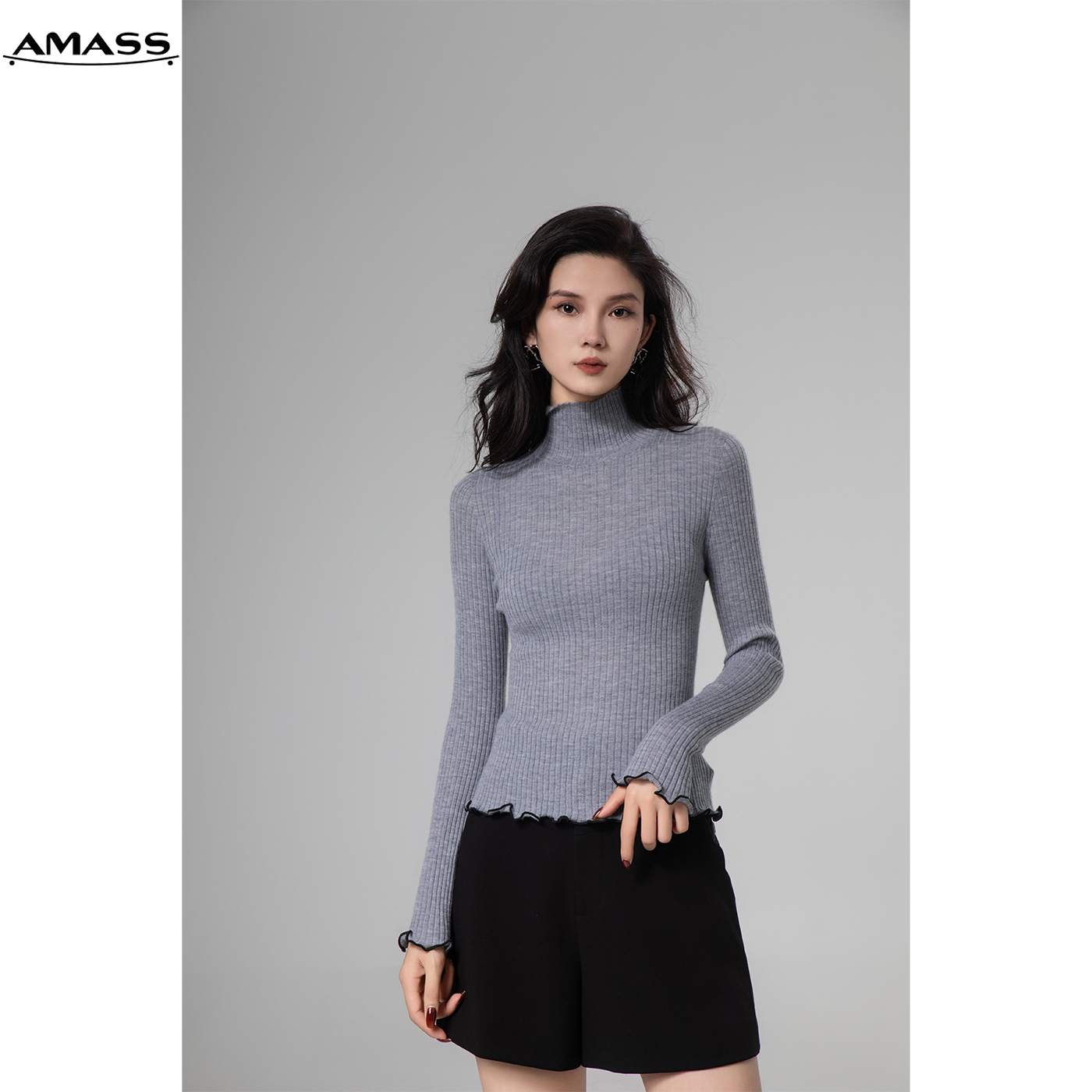 AMASS/阿玛施 秋冬百搭黑色高领毛衣花边显瘦打底针织衫女5399651