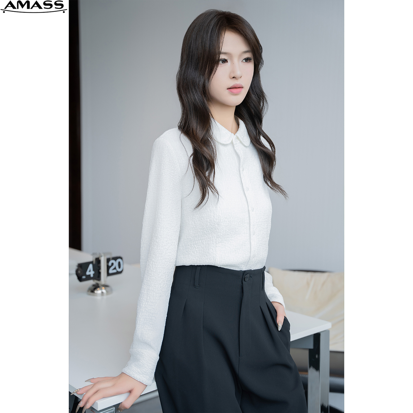 AMASS/阿玛施春夏新款时尚百搭休闲通勤单排扣修身款衬衫 5300528