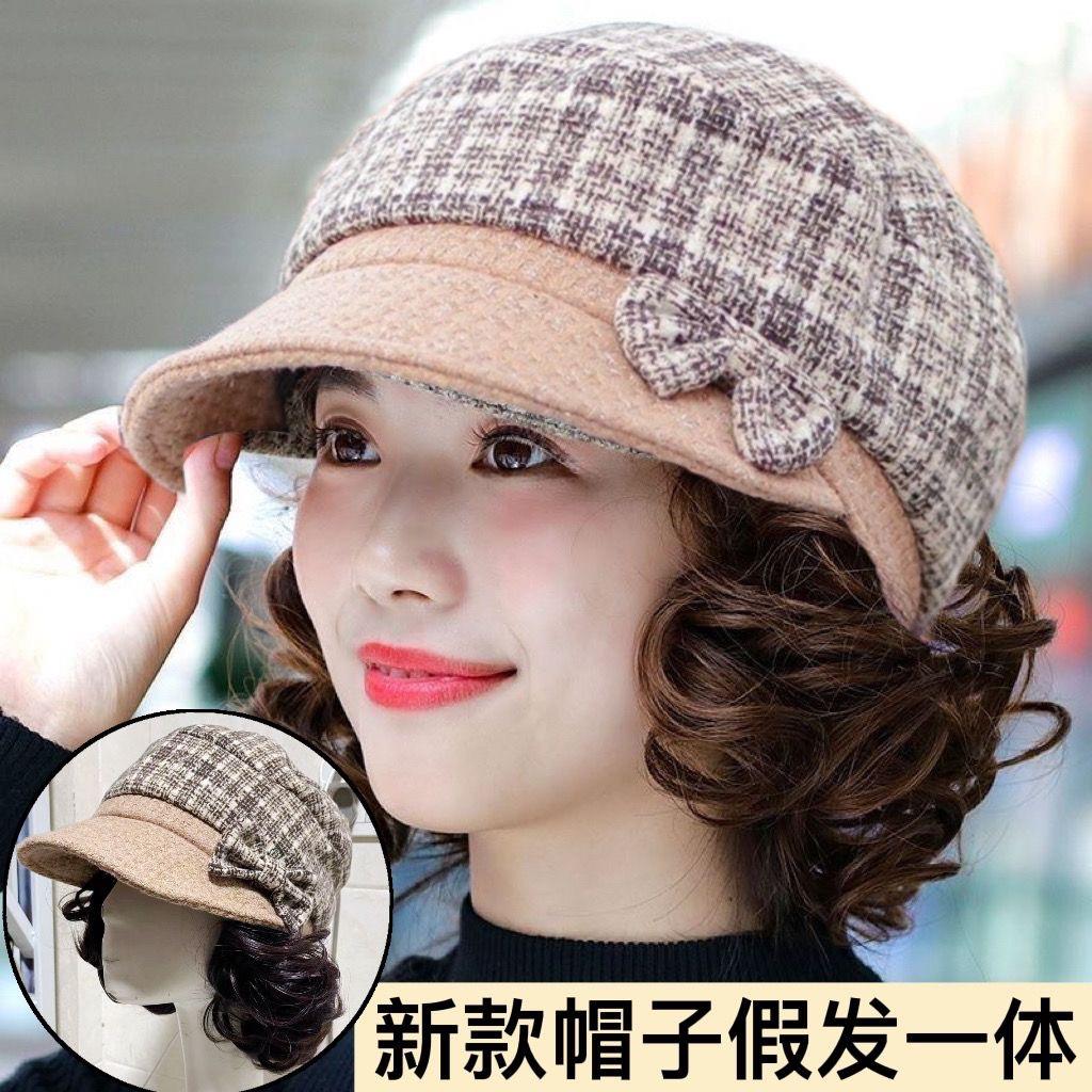 中老年妈妈帽子假发一体女鸭舌帽短卷发逼真自然帽子带头发假发套